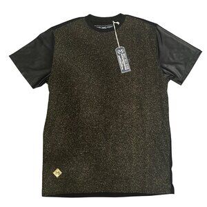 NWT MO7 Men's Modern Metallic Knit Tee Faux Leather Sleeves Night Out Size Large